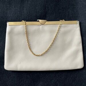 Etra Genuine Leather Clutch Purse Women's 9.5" Cream‎ Vintage Handbag Gold Chain